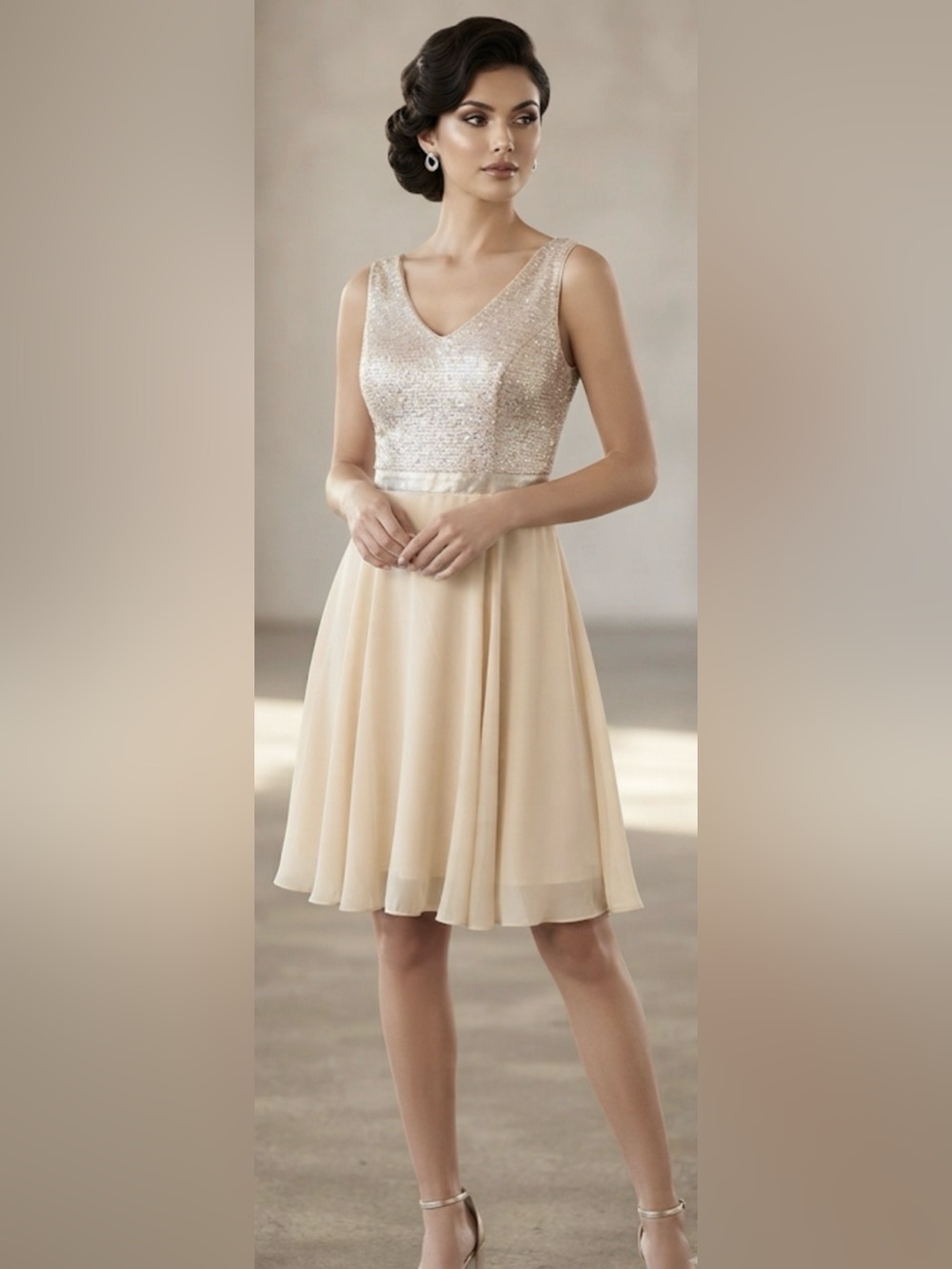 NWT Dressystar Champagne Sequin Bodice Chiffon A-Line Cocktail Dress Small
